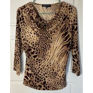 JONES new York Animal Print 3/4 Sleeve Drape Neck Trendy Sexy Top PM